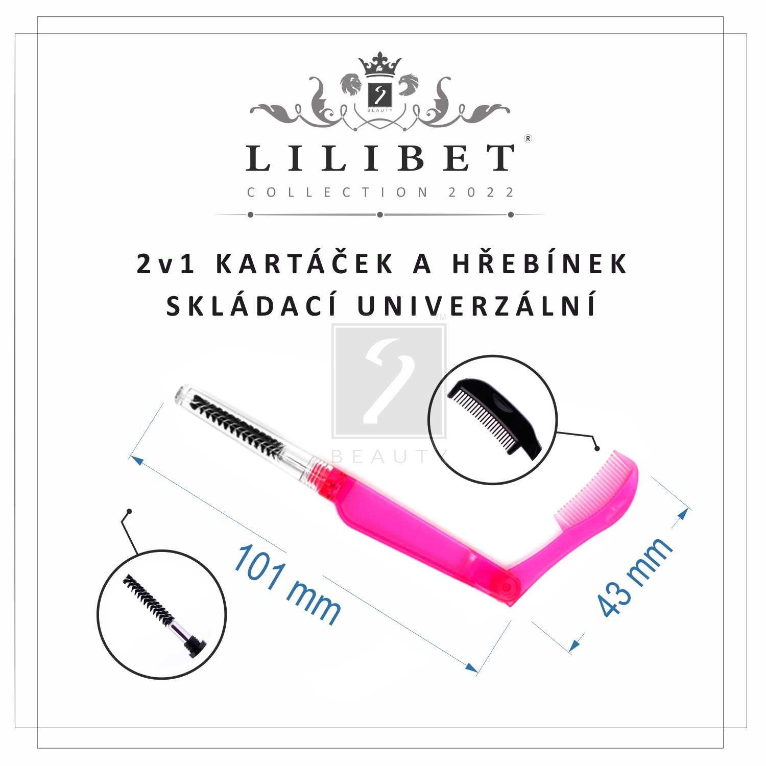 2v1 skládací kartáček a hřebínek pro úpravu obočí, kolekce Lilibet Collection 2022